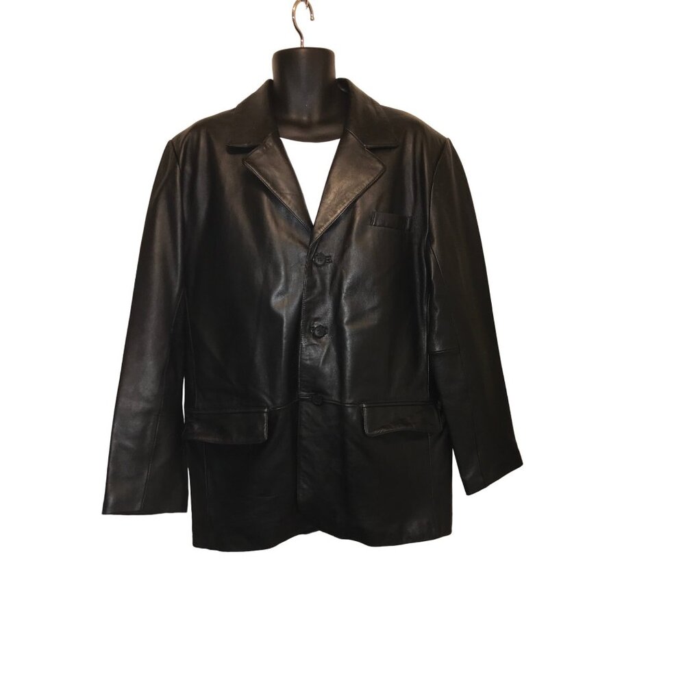 Michael Michelle Men Black Leather 3 Button 4 Pocket Blazer